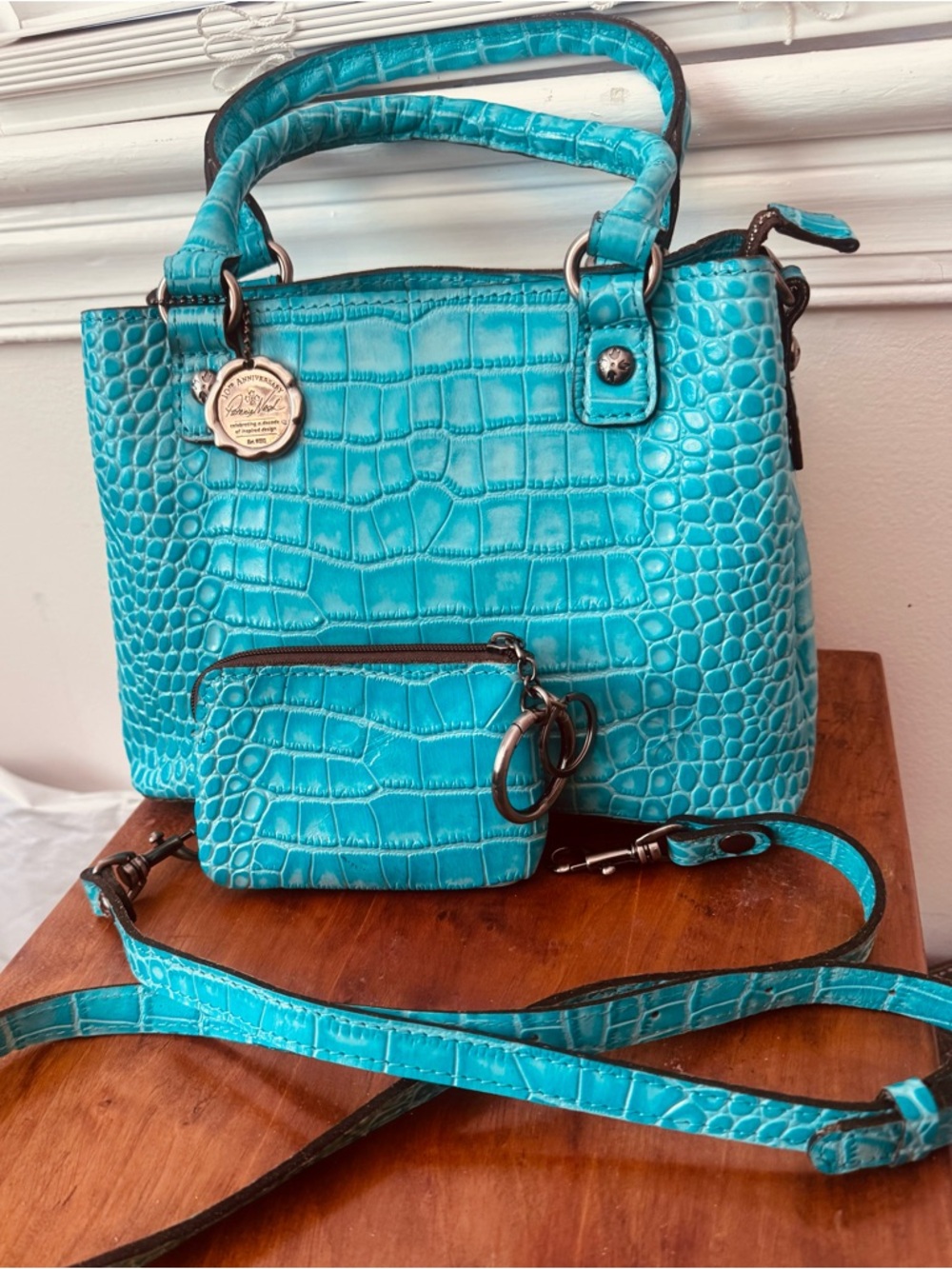 Patricia Nash Turquoise Croc-Embossed Leather Satchel + Matching Wristlet